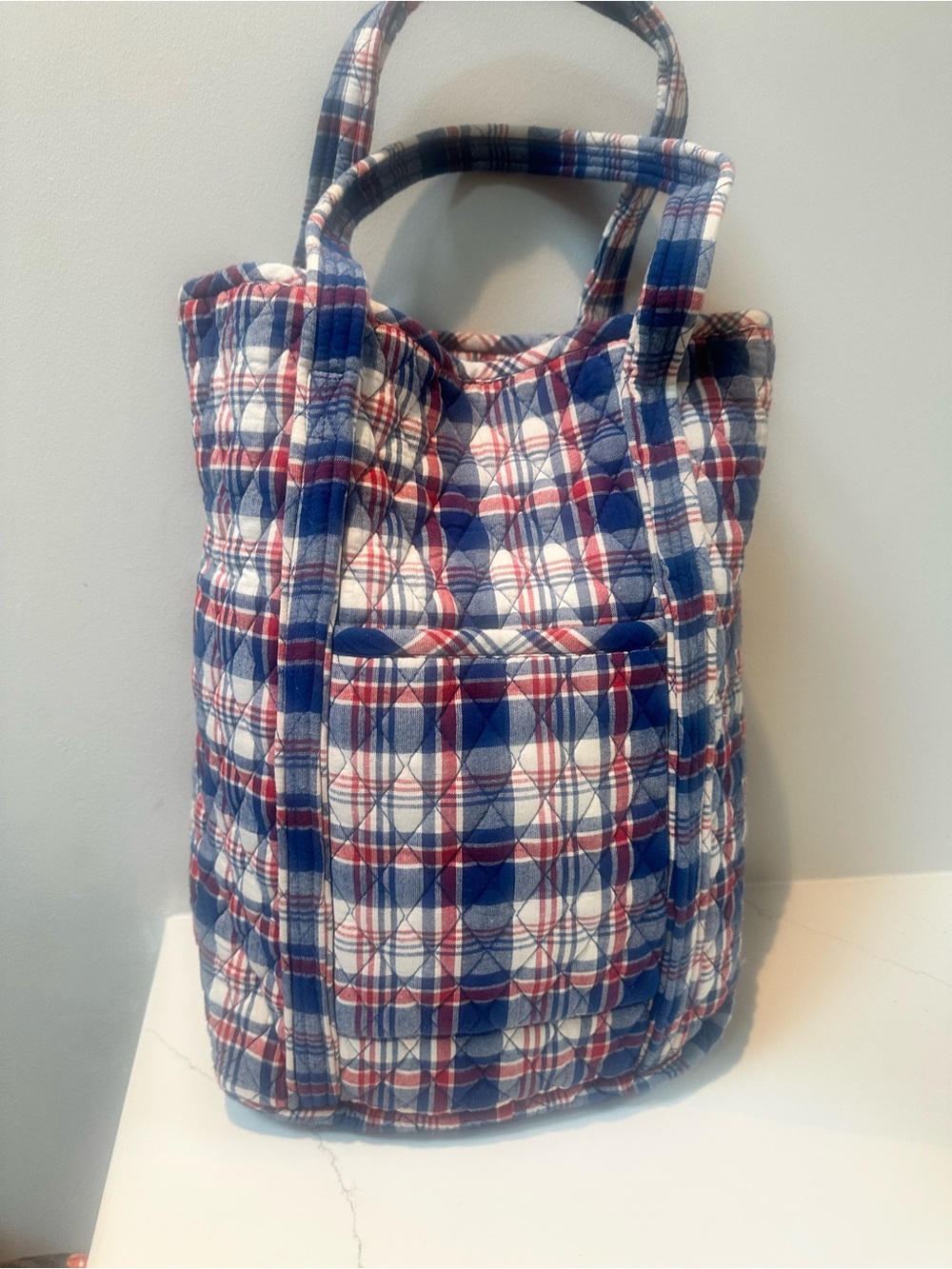 Sleeping partners quilted tote bag in red, white and blue